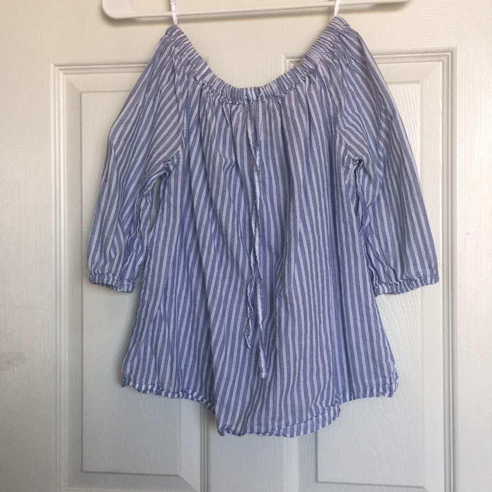 Off the shoulder navy and white blouse